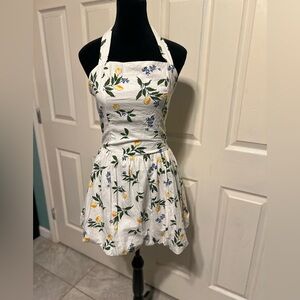 White Lemon-Print Halter Mini Dress